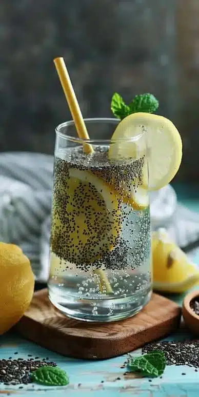 Bouteille d'eau de chia au citron avec des graines de chia et des tranches de citron