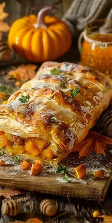 Feuilleté au potimarron et au miel, plat savoureux de cuisine d'automne