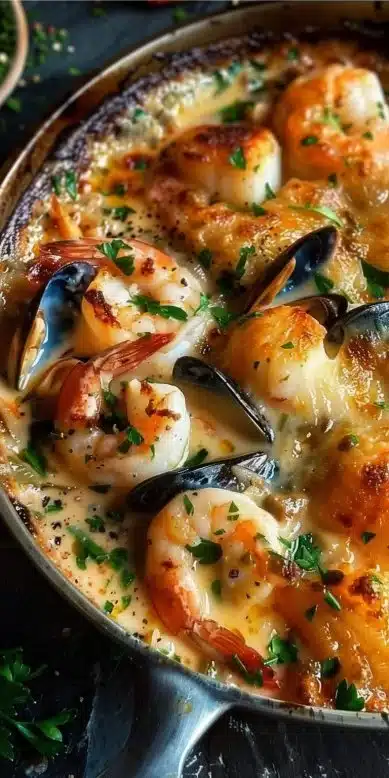 Gratin crémeux de cabillaud, crevettes et moules, plat savoureux