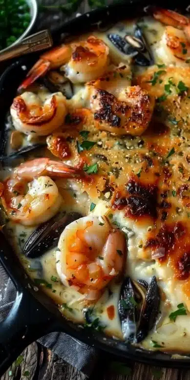 Gratin crémeux de cabillaud, crevettes et moules