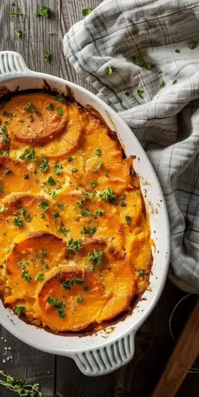 Gratin de patate douce au lait de coco vegan, plat savoureux et réconfortant.