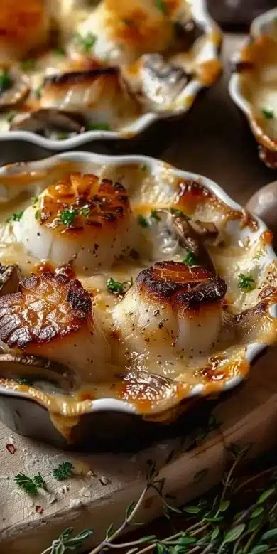 Gratin de Saint-Jacques à la Crème et Champignons : Un Délice Doré au Four, Festif et Raffiné ! - Recettes chef