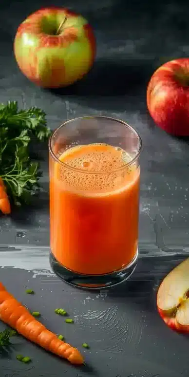 Bouteille de jus carotte pomme détox fraîchement pressé