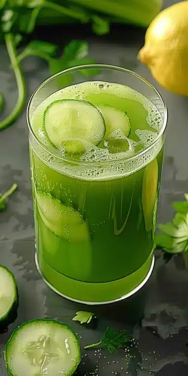 Verre de jus de céleri concombre citron frais et nutritif