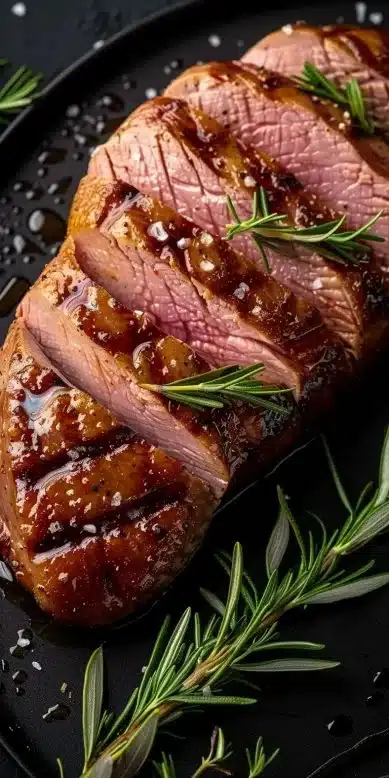 Magret de canard cuit à l'air fryer, plat savoureux et rapide.
