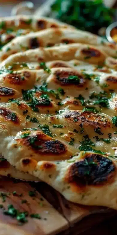 Pain naan maison moelleux fait à la main, idéal pour les plats indiens.