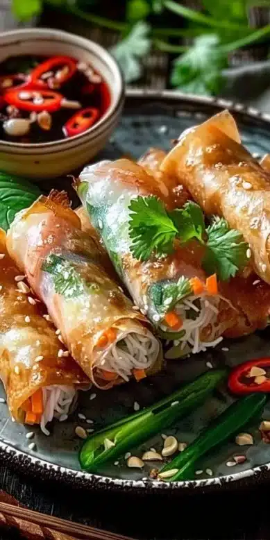 Nems traditionnels vietnamiens frits sur une assiette avec des herbes fraîches.