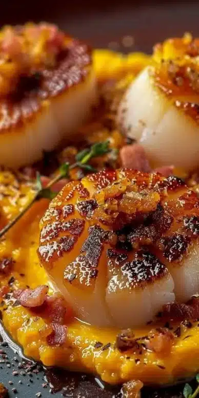Noix de Saint-Jacques avec velouté de butternut et crumble de bacon dans un plat élégant.