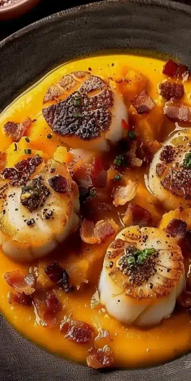 Noix de Saint-Jacques velouté de butternut et crumble de bacon