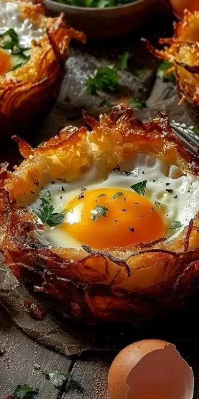 Oeufs dans des paniers croustillants de pommes de terre râpées