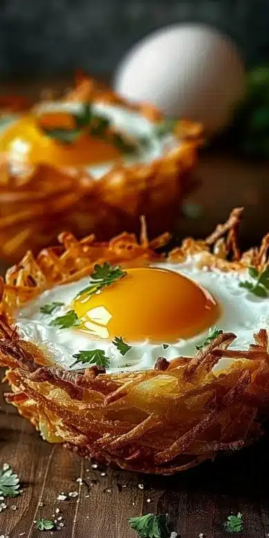 Oeufs dans des paniers croustillants de pommes de terre râpées
