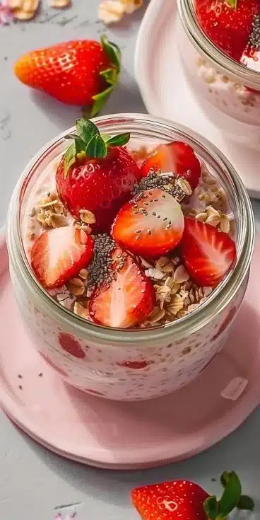 Bocal d'Overnight Oats à la fraise avec fruits frais et graines