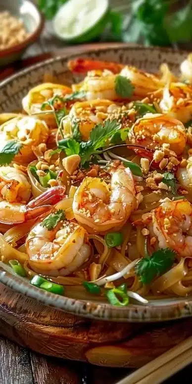 Plat de pad thaï aux crevettes avec nouilles et légumes