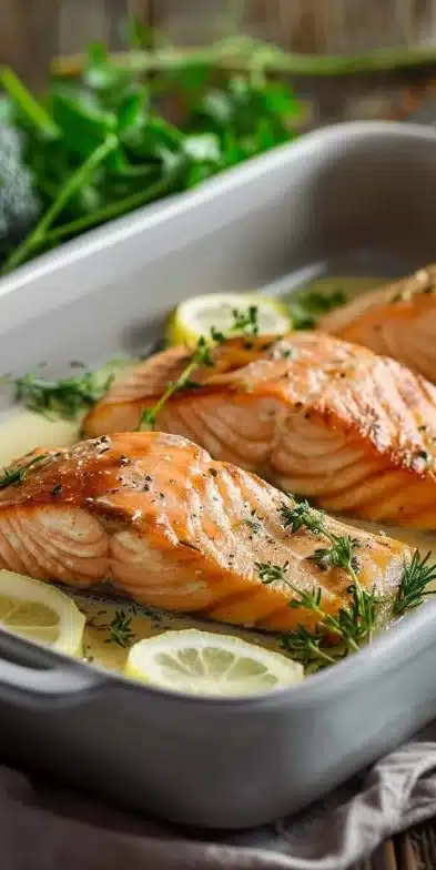 Pavé de saumon au four avec crème moutarde, plat savoureux et facile à préparer.