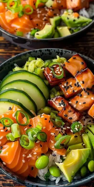Poke Bowl saumon frais et coloré garnie d'ingrédients savoureux