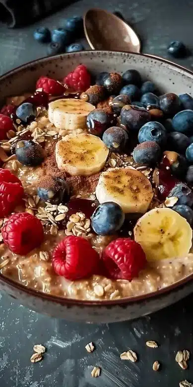 Bol de porridge protéiné sans sucre avec fruits frais et graines