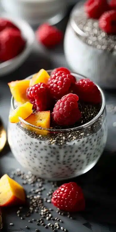 Pudding de chia au lait de coco servi dans un bol décoratif
