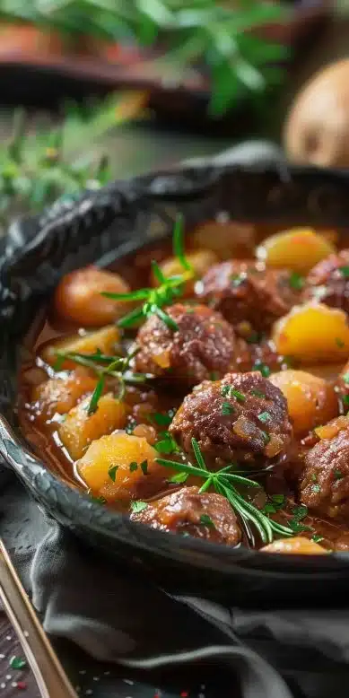 Ragoût de pommes de terre avec boulettes de viande dans une cocotte.