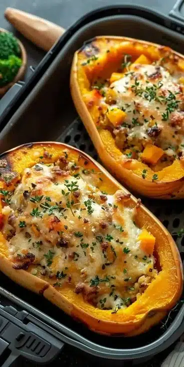 Butternut farcie cuite au airfryer, prête à être dégustée.