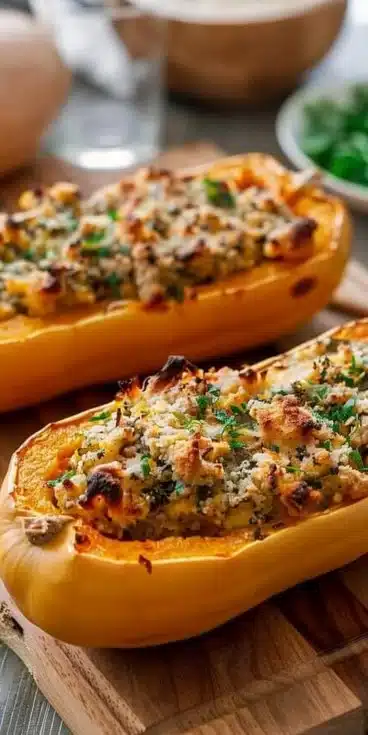 Butternut farcie cuite à l'airfryer, plat savoureux et facile à préparer.