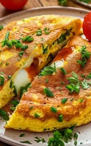 Omelette cuite dans un air fryer, facile et rapide à préparer.