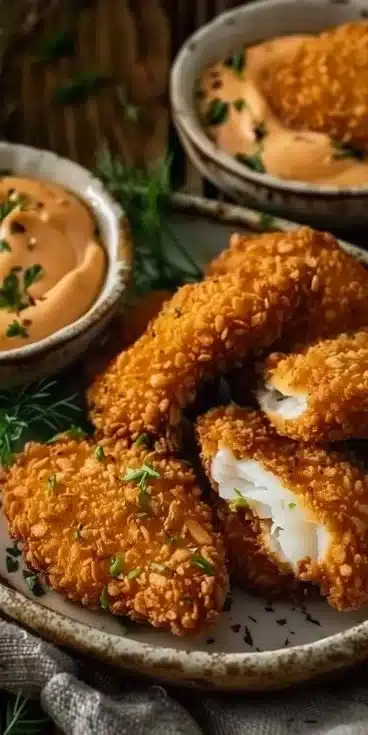 Poisson pané croustillant cuit au air fryer, plat léger et savoureux.