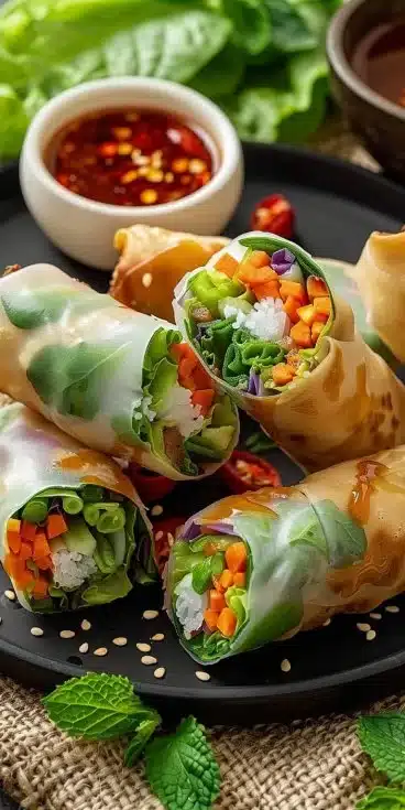 Rouleaux de Printemps cuits à l'Airfryer sur un plat coloré.