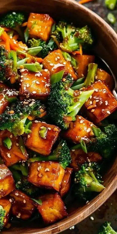 Sauce de sauté au tofu, gingembre, avec brocoli et carottes