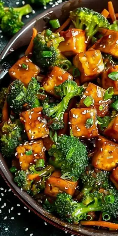 Sauce de sauté au tofu, gingembre, avec brocoli et carottes