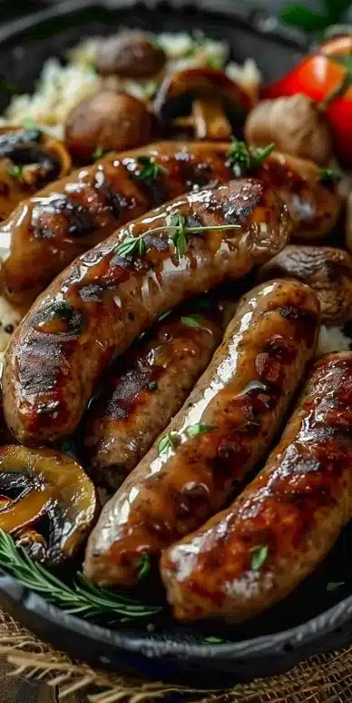 Saucisses de Toulouse avec moutarde et champignons, plat traditionnel français