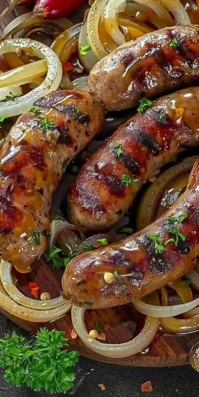 Sausages mustard onions