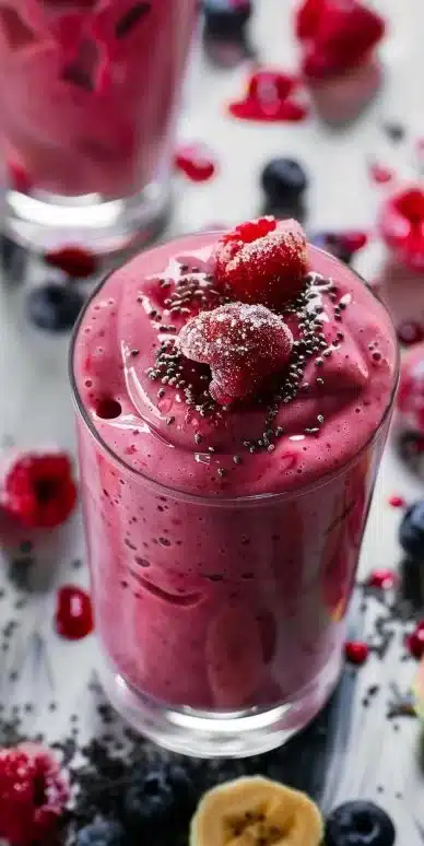 Smoothie banane framboises, une boisson saine et savoureuse.