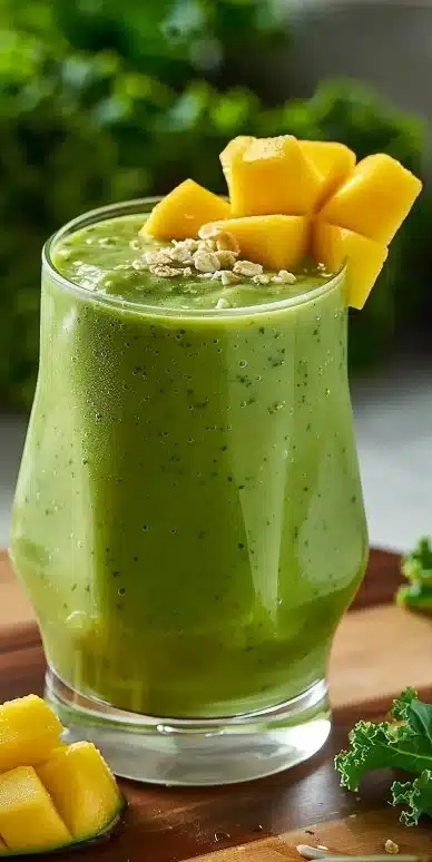 Smoothie vert au kale et à la mangue, nutritif et délicieusement frais.