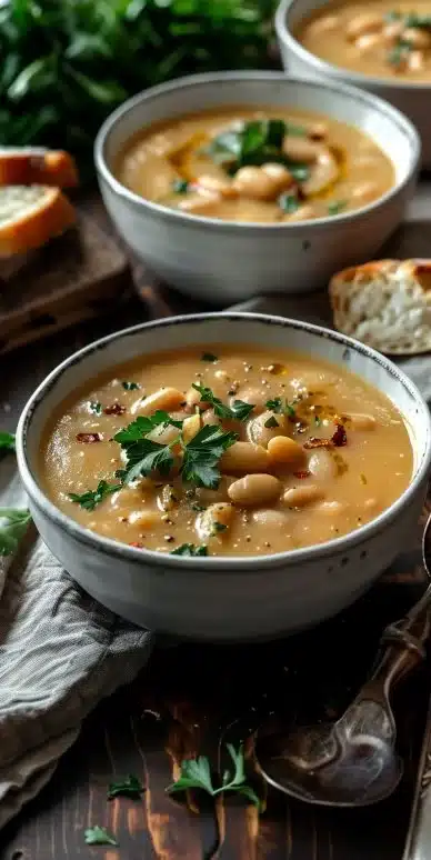 Soupe crémeuse aux haricots servie dans un bol avec des herbes fraîches.