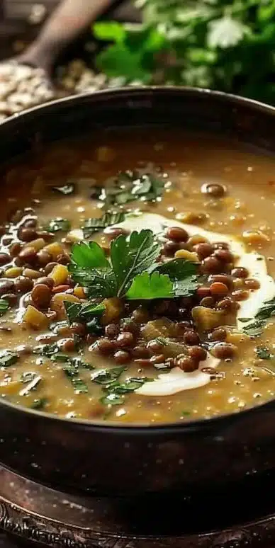 Soupe de lentilles crémeuse au lait de coco et épices dans un bol