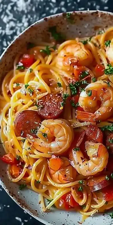 Spaghetti cream of bell pepper, chorizo, and shrimp