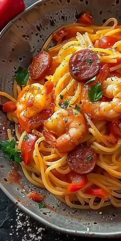 Spaghetti cream of bell pepper, chorizo, and shrimp