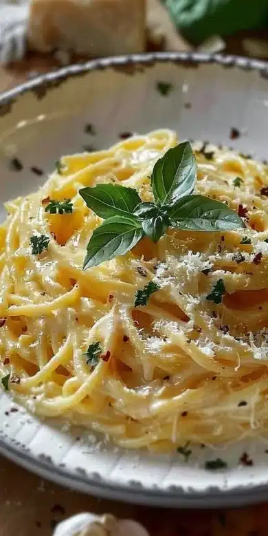 Assiette de spaghetti crémeux parmesan et ail, plat italien savoureux.