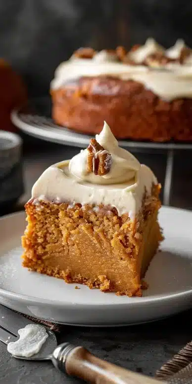 Gâteau moelleux de patate douce sous un éclairage chaleureux, prêt à être servi.