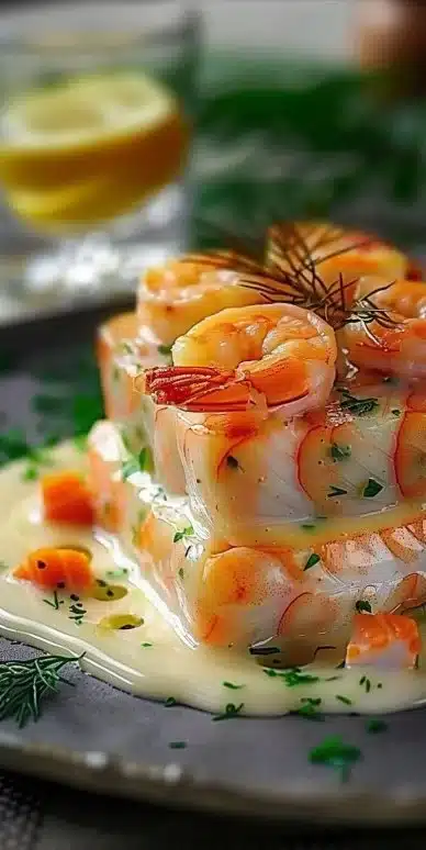 Terrine de Saint-Jacques avec saumon et crevettes, servie avec crème au citron