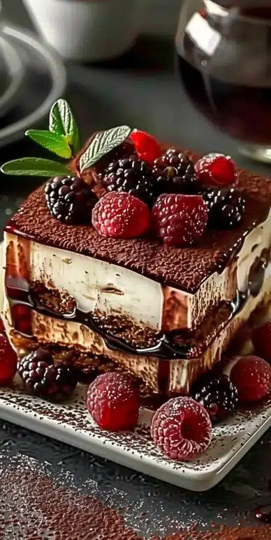 Tiramisu Forêt-Noire avec chocolat et café, dessert délicat et gourmand