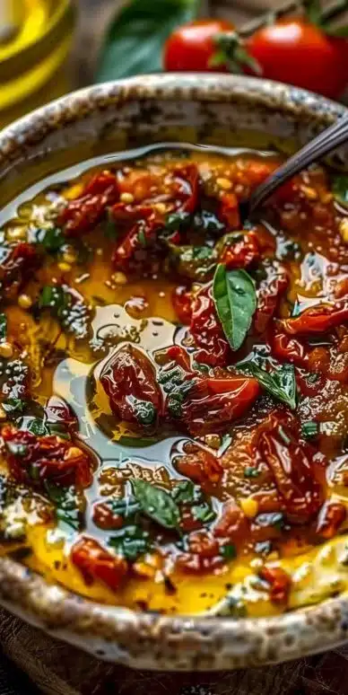 Trempette de pain à l'huile d'olive et tomates séchées au soleil, parfaite pour l'apéritif