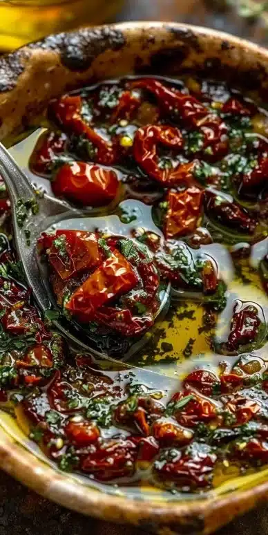 Trempette de pain à l'huile d'olive et tomates séchées au soleil