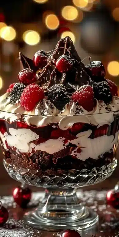 Trifle dessert de la Forêt-Noire avec chocolat, fruits et crème