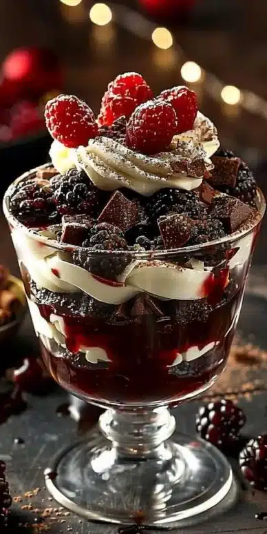 Trifle Festif de la Forêt Noire avec chocolat, cerises et crème sur un plateau blanc.