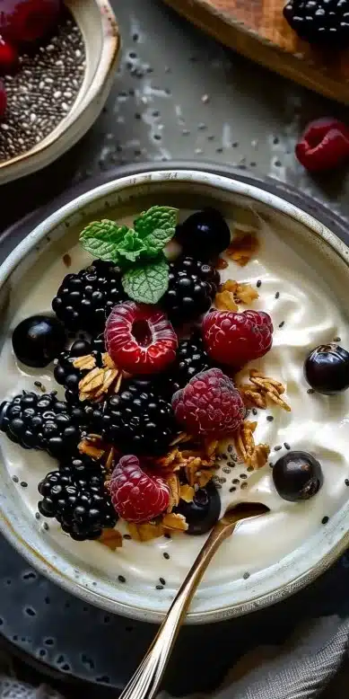 Yaourt grec aux graines de chia servi dans un bol avec des fruits frais