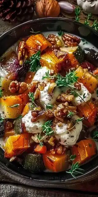 Autumn vegetable stew with nut sauce and goat cheese