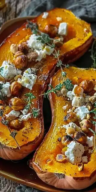 Butternut squash roasted with honey, thyme, feta, and hazelnuts