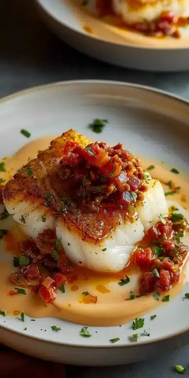 Dos de cabillaud servi avec une onctueuse crème de chorizo