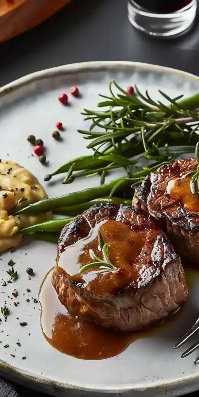 Filet mignon accompagné de sauce miel moutarde délicieuse et raffinée.